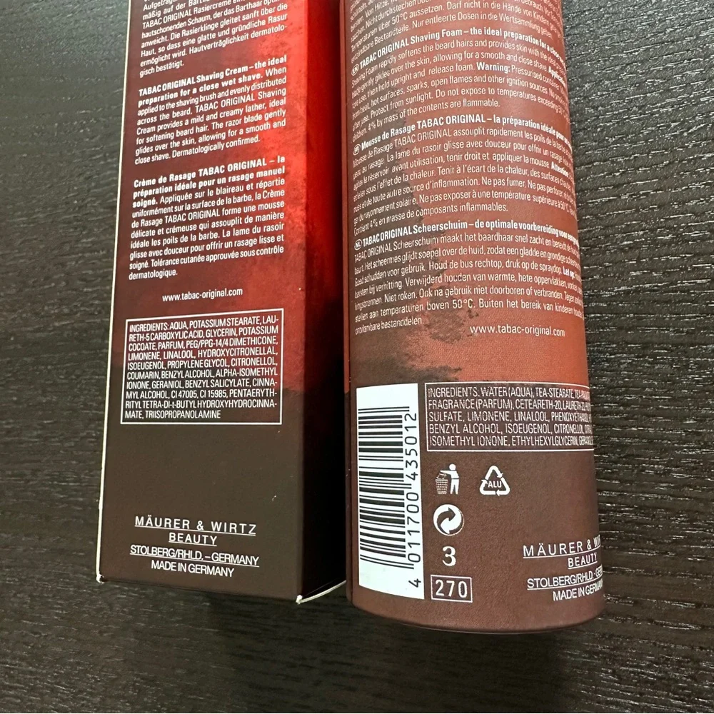 NEW in Box 2 Pack Tabac by Maurer & Wirtz for Men Shaving Cream & Foam 100/200ml